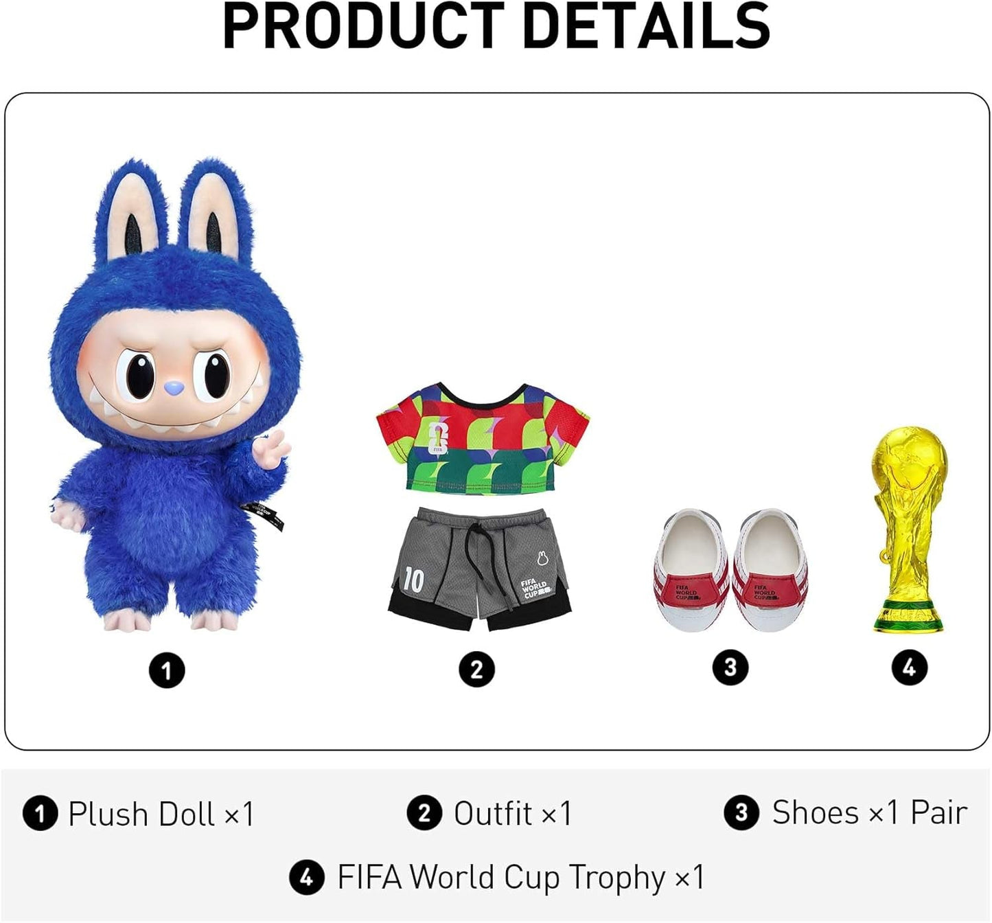 Product details of a plush doll with outfit, shoes, and FIFA World Cup trophy on a white background.