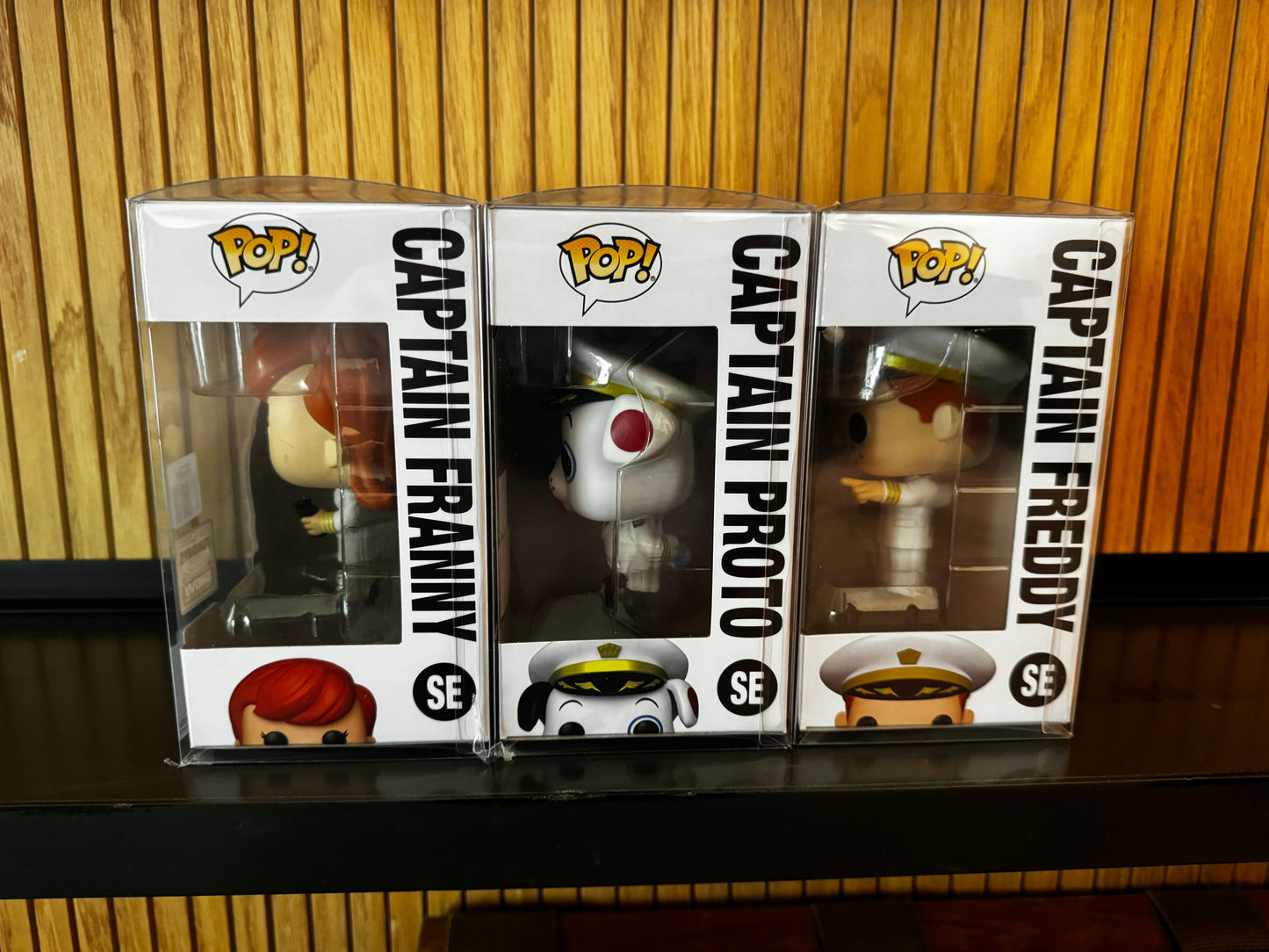 Set of three Funko Pop! Originals figures featuring Captain Freddy, Captain Franny, and Captain Proto from Ralphie's Funhouse Funko Fundays 2025.