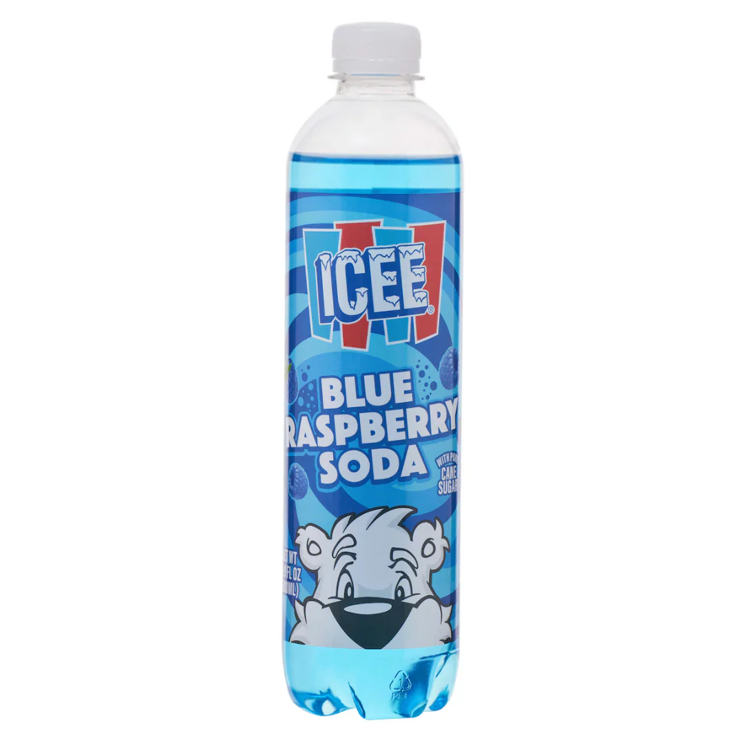 Sweet Palace Icee Blue Raspberry Soda in a clear cup with ice and blue raspberry flavor, showcasing vibrant blue color.