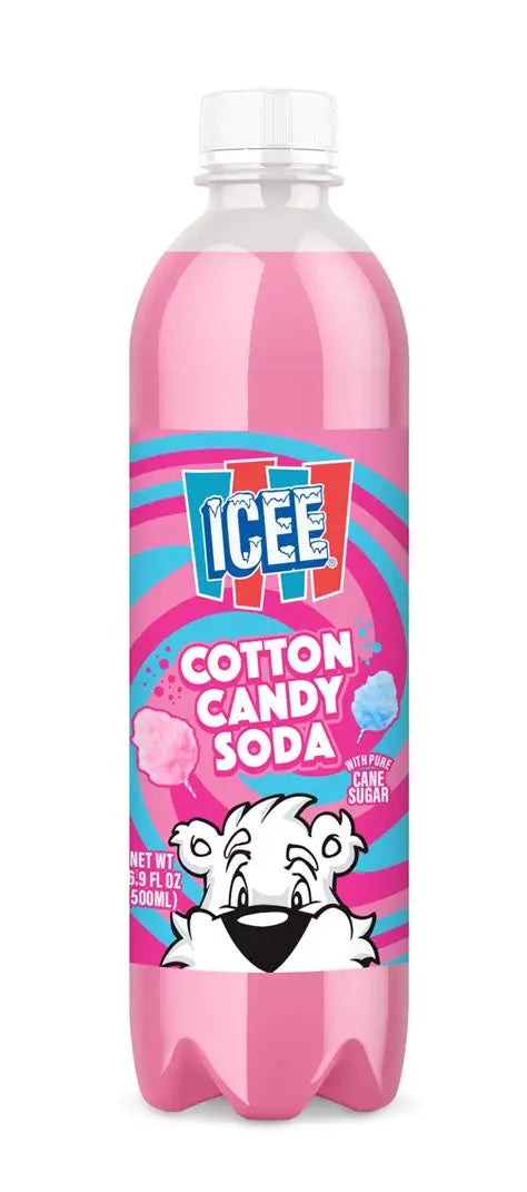 Sweet Palace Icee Cotton Candy Soda in a clear glass bottle, showcasing vibrant pink and blue colors of the flavored drink.