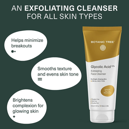 Botanic Tree Glycolic Acid Face Wash - Facial Cleanser and Scrub - 10% Glycolic Acid, AHA - Salicylic Cleanser - 6 Fl. Oz