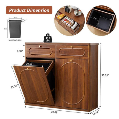 Giratree Tilt Out Trash Can Cabinet, Wood Kitchen Garbage Bin with Drawer, Fluted 10 Gallon Laundry Hamper Cabinet, Farmhouse Hidden Trash Can for Kitchen, Living Room