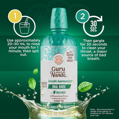 Gurunanda Fresh Breath Mouthwash, Ada-Accepted, Alcohol & Fluoride-Free, Sodium Chlorite, Essential Oils & Vitamins, 12-Hrs Fresh Breath, Wild Mint, 33.8 Oz