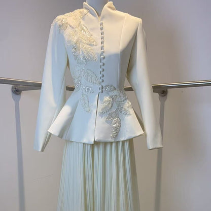 2-Piece Embroidered Peplum Jacket & Micro Pleat Maxi Skirt Set(MS417)