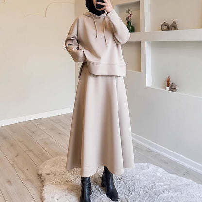 2-Piece Hoodie Top & Full A-Line Maxi Skirt Set(MS427)