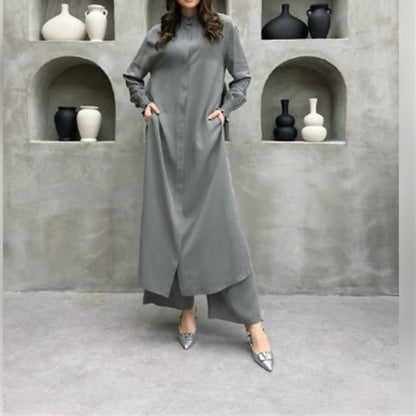 2-Piece Mandarin Collar Longline Shirt & Wide Leg Pants Set(MS418)