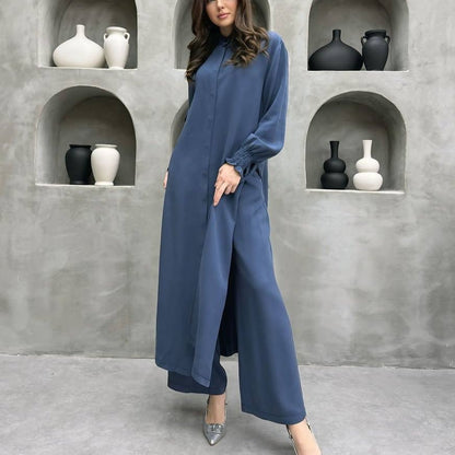 2-Piece Mandarin Collar Longline Shirt & Wide Leg Pants Set(MS418)