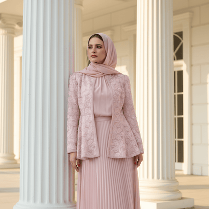 2-Piece Pearl Beaded 3D Rose Embroidered Jacket & Chiffon Pleated Maxi Dress Set(MS401)
