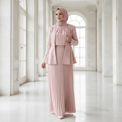 2-Piece Pearl Beaded 3D Rose Embroidered Jacket & Chiffon Pleated Maxi Dress Set(MS401)