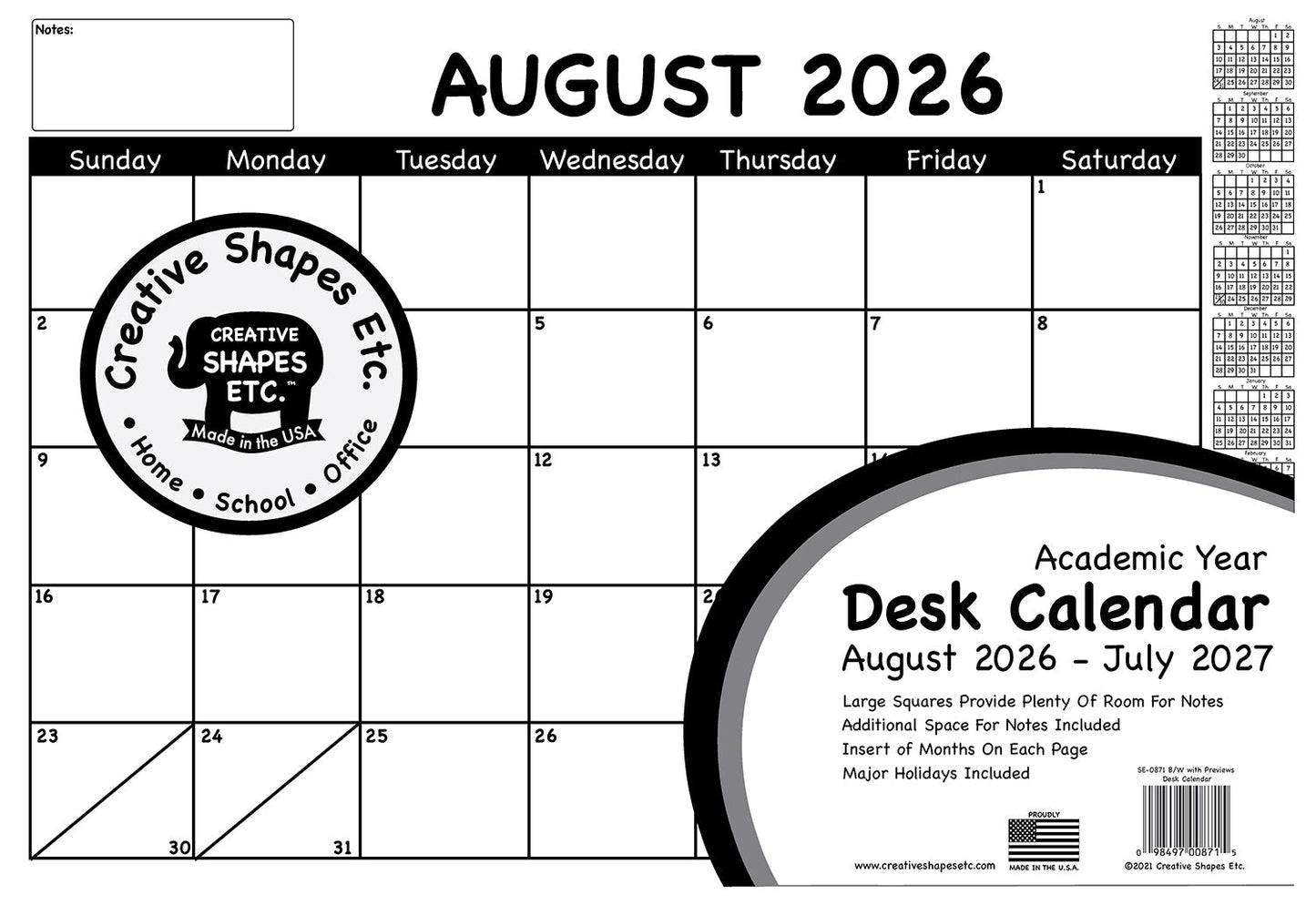 SHAPES ETC. Academic Year Desk Calendar- Black & White with Previews Desk Calendar
