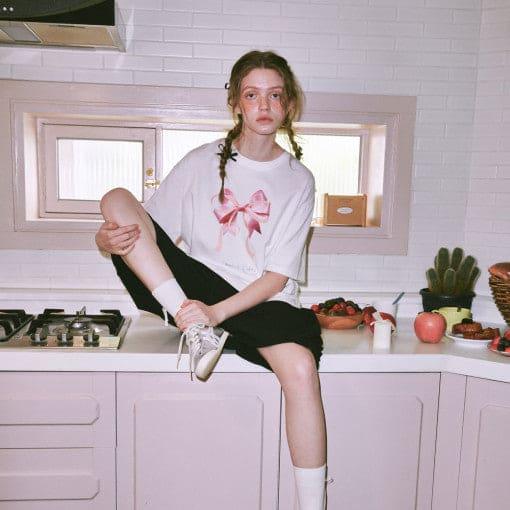[Celeb Pick!] Double Ribbon Slim Crop T-shirt