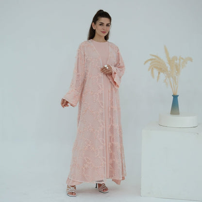 3D Floral Mesh Open Abaya (MOA288)