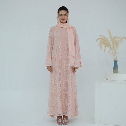 3D Floral Mesh Open Abaya (MOA288)
