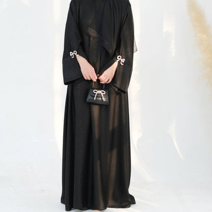 3D Jacquard Bow Abaya & Hijab Set | Butterfly Sleeve Brocade Dress(MA352)