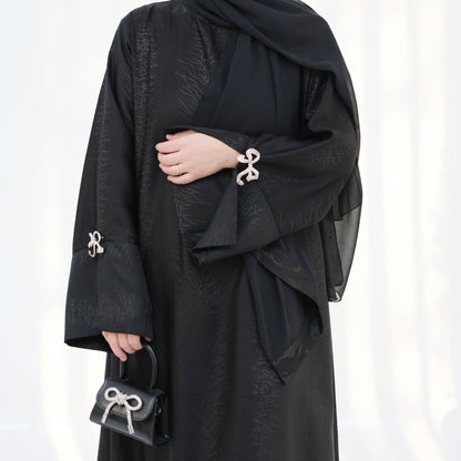 3D Jacquard Bow Abaya & Hijab Set | Butterfly Sleeve Brocade Dress(MA352)