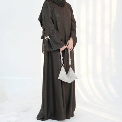 3D Jacquard Bow Abaya & Hijab Set | Butterfly Sleeve Brocade Dress(MA352)