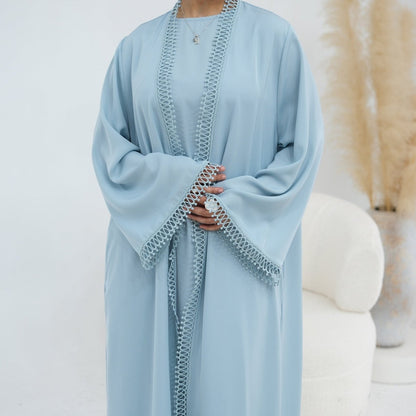 3D Lace Trim Open Abaya & Sleeveless Dress Set(MOA323)