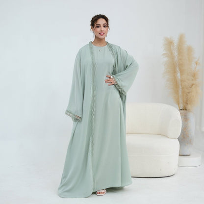 3D Lace Trim Open Abaya & Sleeveless Dress Set(MOA323)