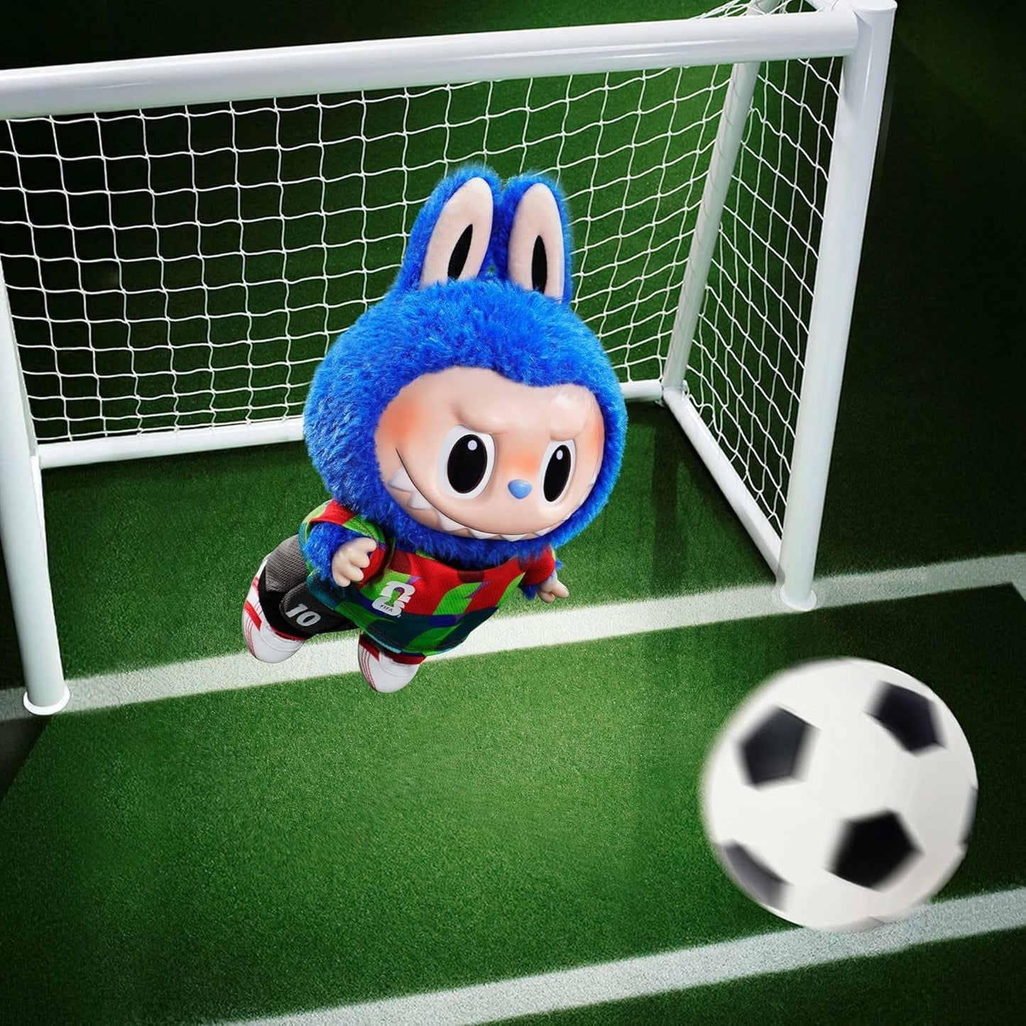 Plush toy character in a soccer uniform kicking a ball towards a goal.