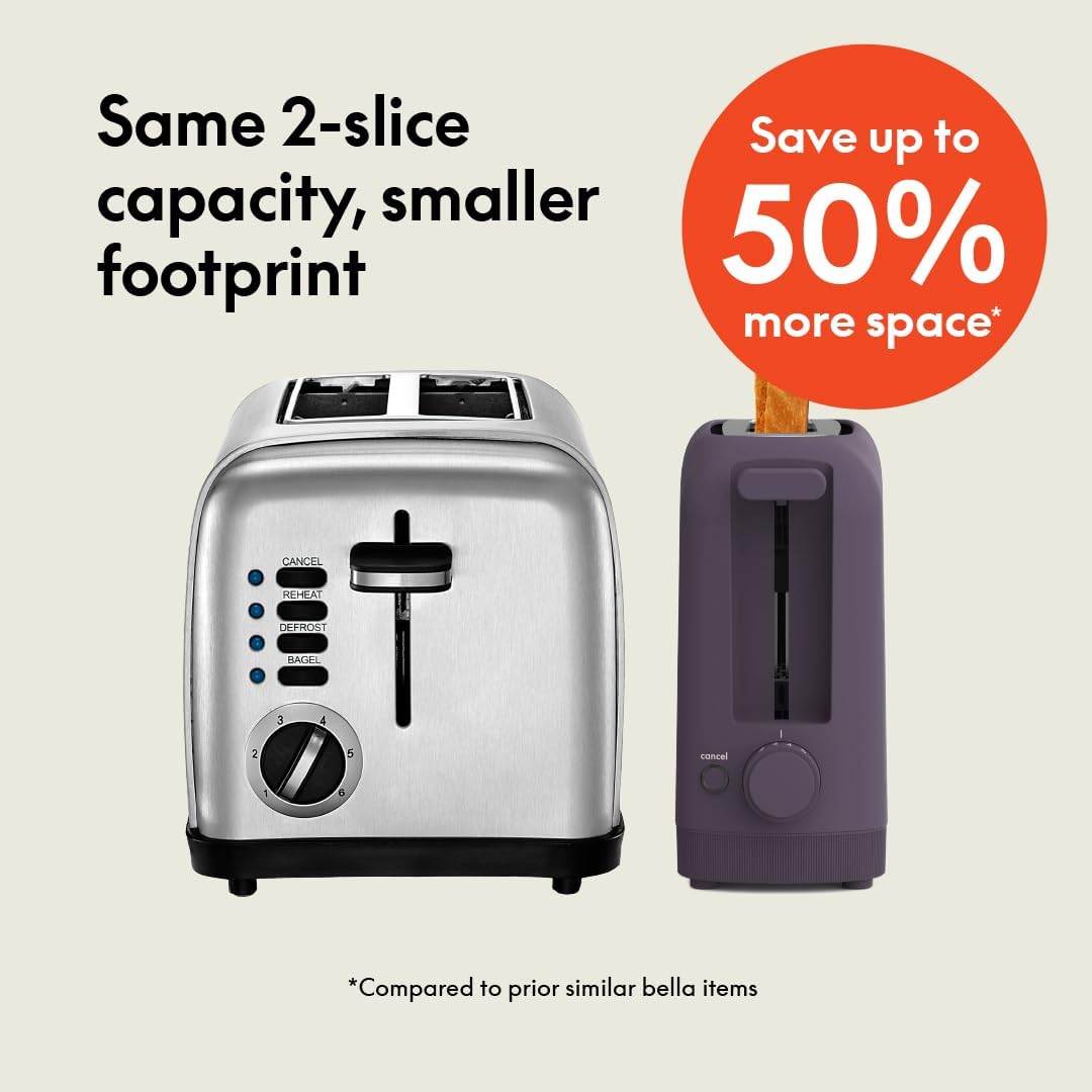 bella 2 Slice Slim Toaster, Fits-anywhere™ Kitchenware, 6 Setting Shade Control with Reheat & Cancel Buttons, Fits sourdough, 10” Long Slot, Anti Jam & Auto Shutoff, 900 Watt, Oatmilk