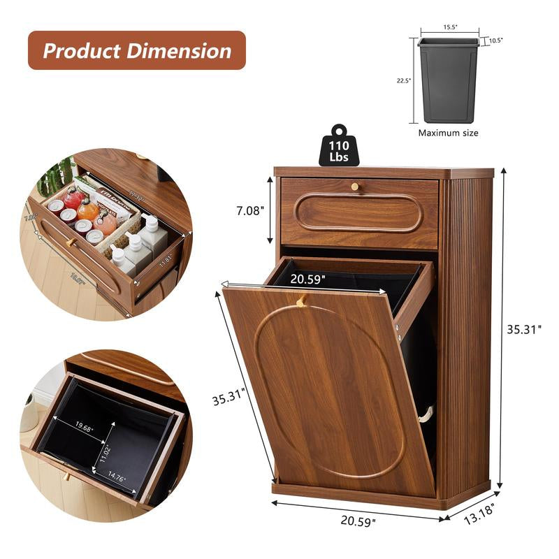 Giratree Tilt Out Trash Can Cabinet, Wood Kitchen Garbage Bin with Drawer, Fluted 10 Gallon Laundry Hamper Cabinet, Farmhouse Hidden Trash Can for Kitchen, Living Room