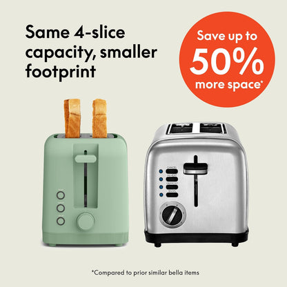 bella 2 Slice Slim Toaster, Fits-anywhere™ Kitchenware, 6 Setting Shade Control with Reheat & Cancel Buttons, Fits sourdough, 10” Long Slot, Anti Jam & Auto Shutoff, 900 Watt, Oatmilk
