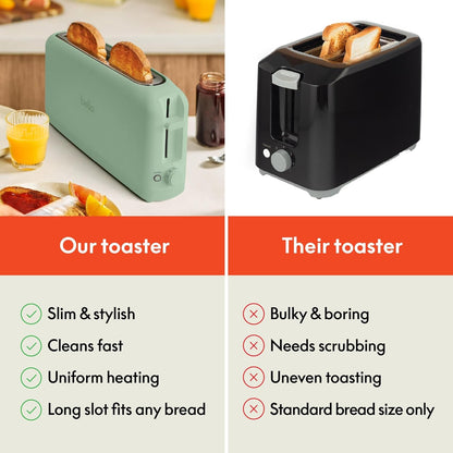 bella 2 Slice Slim Toaster, Fits-anywhere™ Kitchenware, 6 Setting Shade Control with Reheat & Cancel Buttons, Fits sourdough, 10” Long Slot, Anti Jam & Auto Shutoff, 900 Watt, Oatmilk