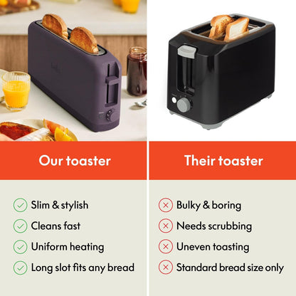 bella 2 Slice Slim Toaster, Fits-anywhere™ Kitchenware, 6 Setting Shade Control with Reheat & Cancel Buttons, Fits sourdough, 10” Long Slot, Anti Jam & Auto Shutoff, 900 Watt, Oatmilk