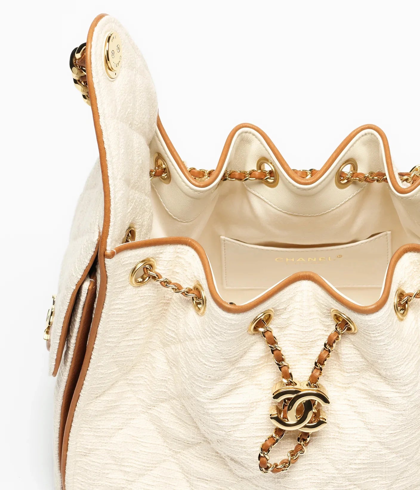Effortlessly Luxurious — Chanel Canvas & Calfskin Gold-Tone Bag in Ecru & Camel