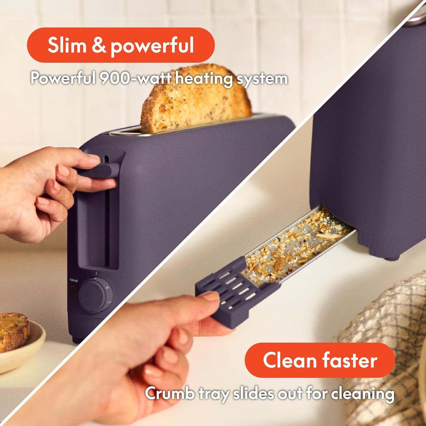 bella 2 Slice Slim Toaster, Fits-anywhere™ Kitchenware, 6 Setting Shade Control with Reheat & Cancel Buttons, Fits sourdough, 10” Long Slot, Anti Jam & Auto Shutoff, 900 Watt, Oatmilk