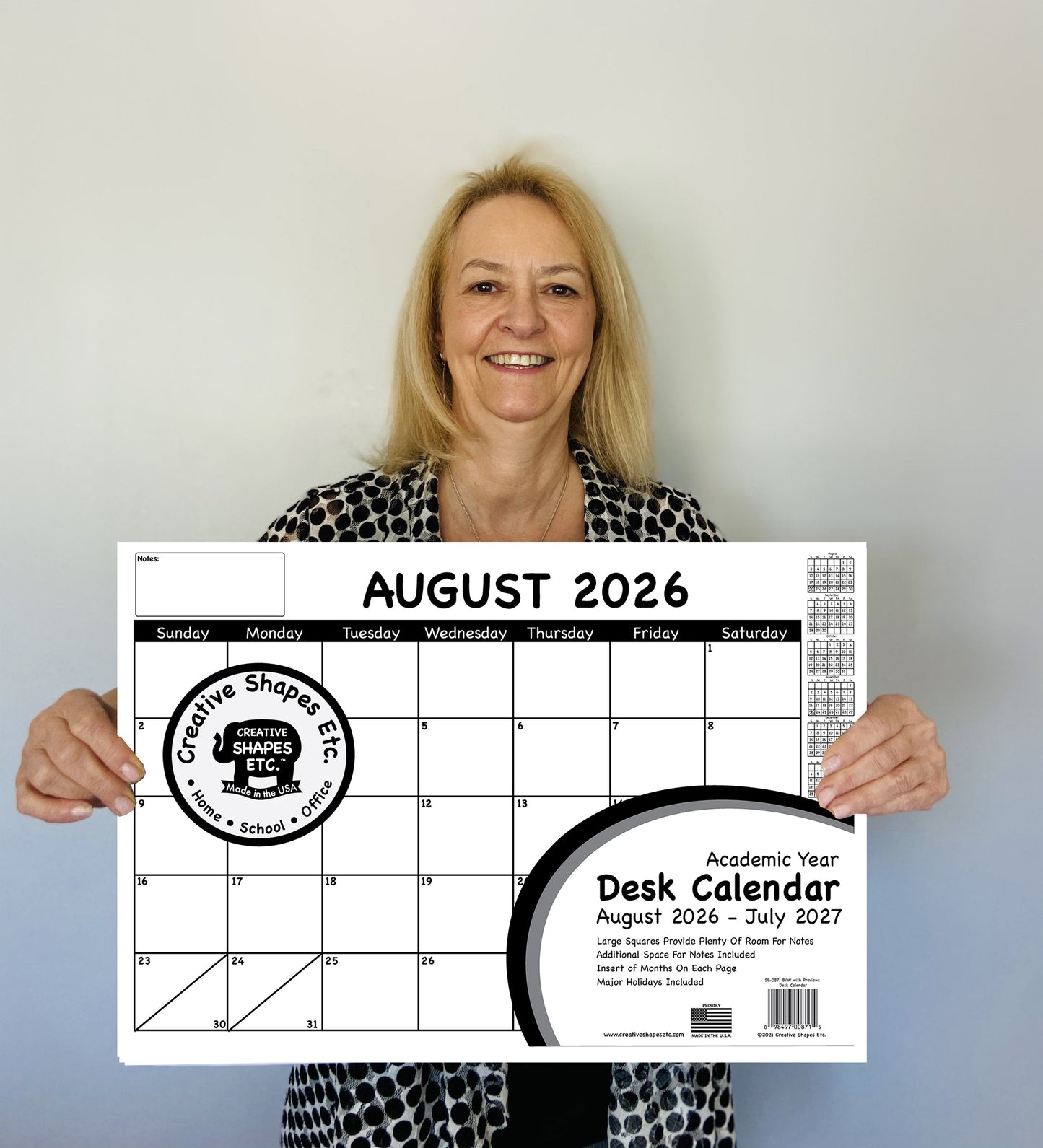 SHAPES ETC. Academic Year Desk Calendar- Black & White with Previews Desk Calendar