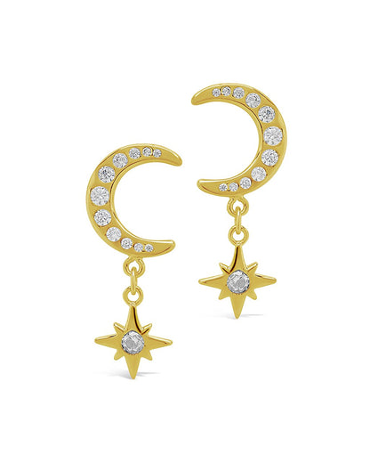 Sterling Silver CZ Crescent & Star Drop Studs
