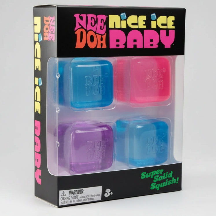 Nee Doh Nice Ice Baby super solid squish toy set in its original retail packaging, featuring four translucent ice cube-shaped toys in blue, pink, and purple.