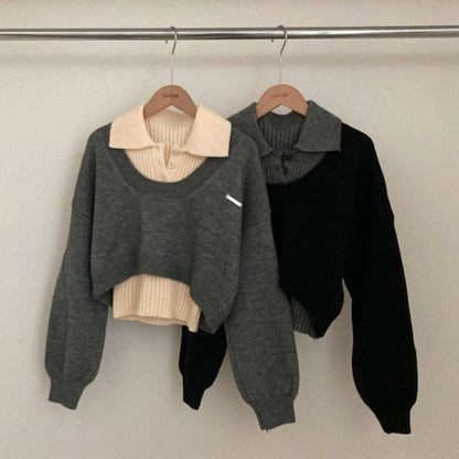 Doa Patch Collar + Crop Kint Two Piece Set