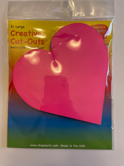 SHAPES ETC.  Pink Heart Bright Neon Single Color Large Cut-Outs- 5.5" x 5.5"