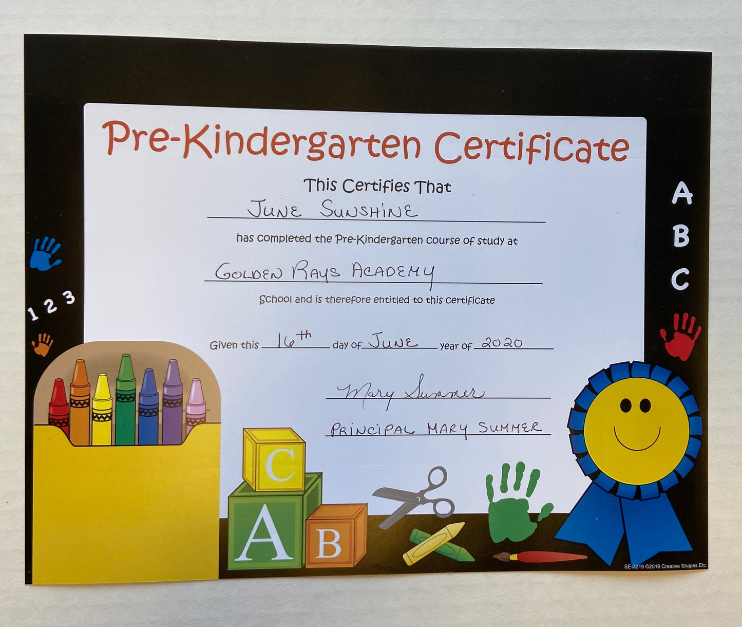SHAPES ETC. Recognition Certificate - Pre-K Certificate