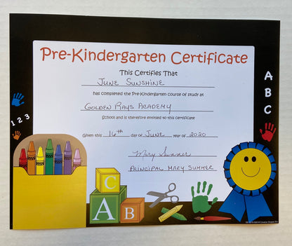 SHAPES ETC. Recognition Certificate - Pre-K Certificate