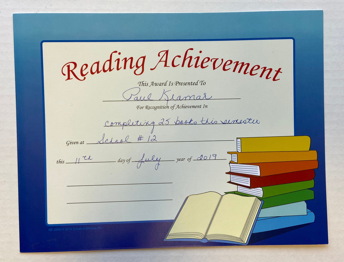 SHAPES ETC. Recognition Certificate - Reading Achievement