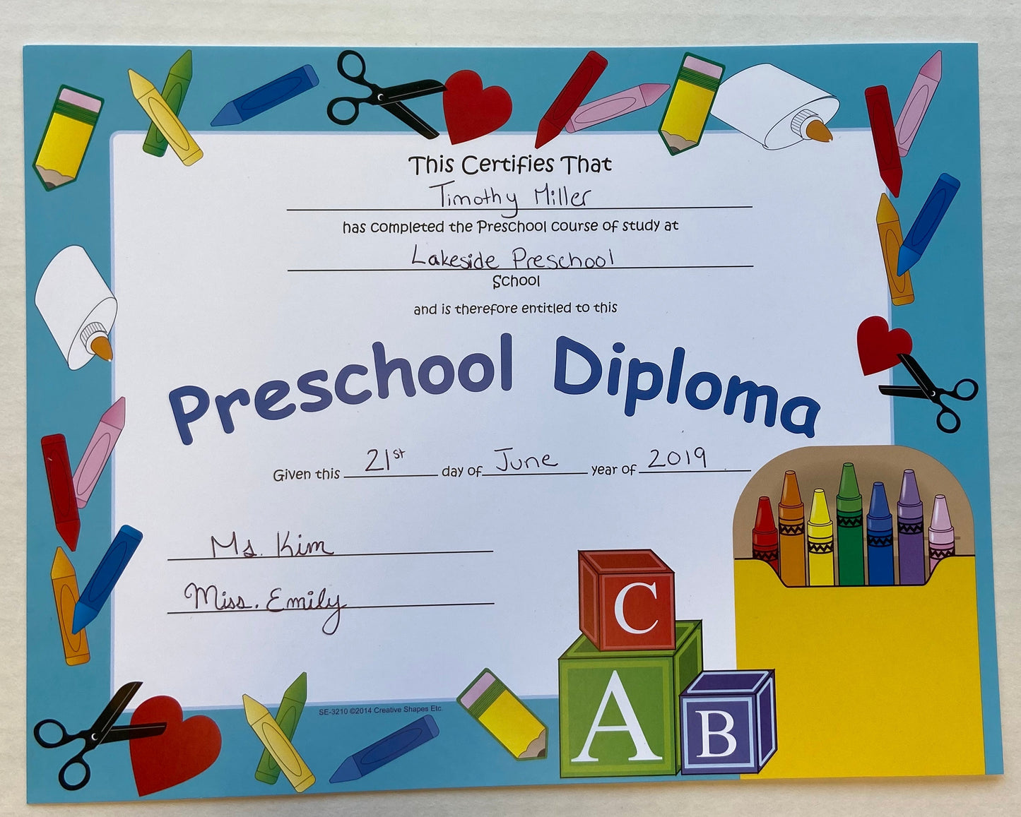 SHAPES ETC. Recognition Certificate - Preschool Diploma