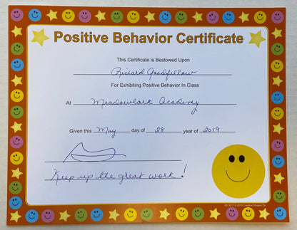 SHAPES ETC. Recognition Certificate - Positive Behavior
