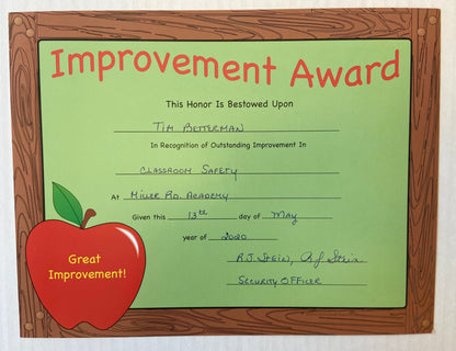 SHAPES ETC. Recognition Certificate - Improvement Award