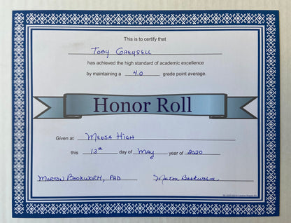 SHAPES ETC. Recognition Certificate - Honor Roll Certificate