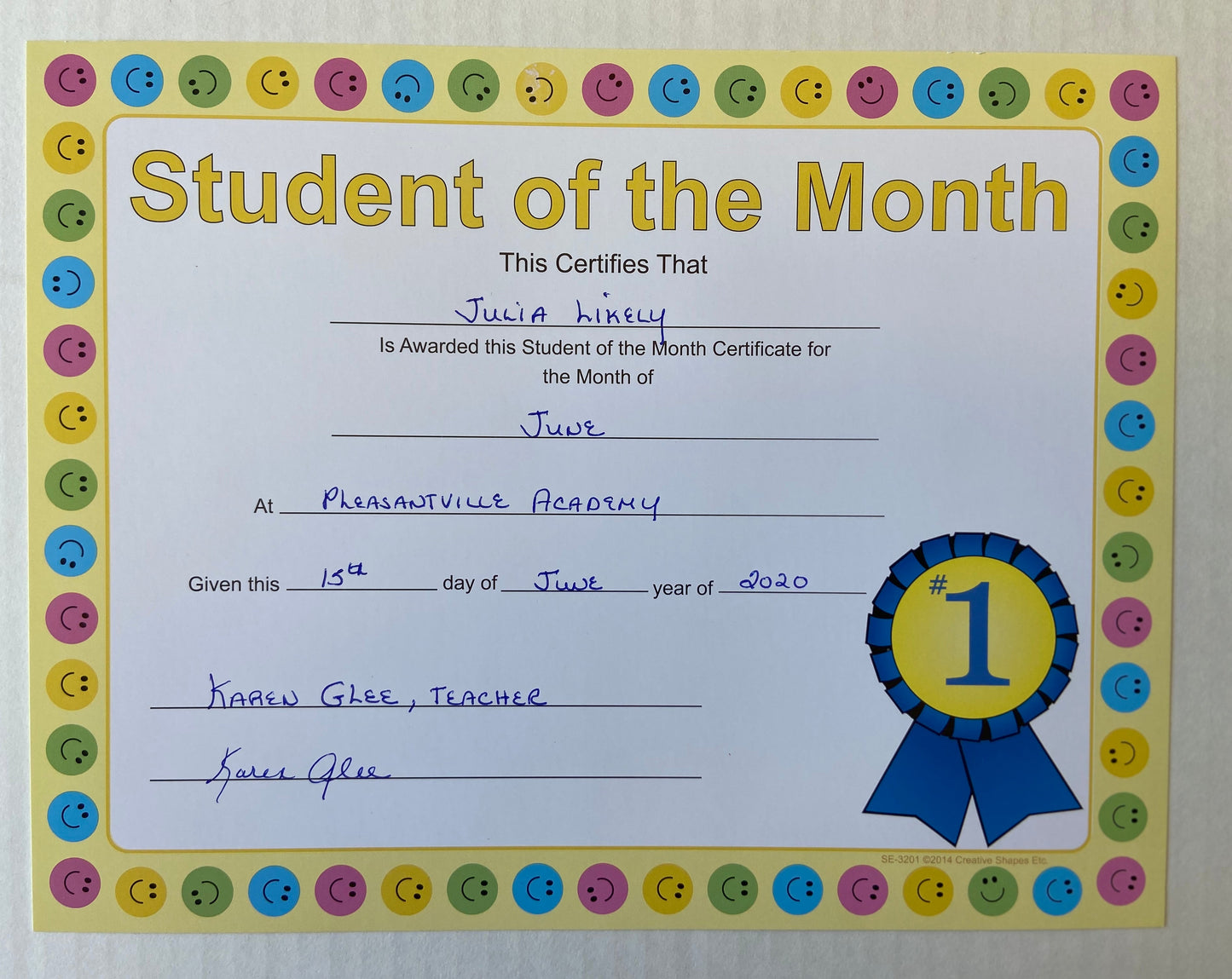 SHAPES ETC. Recognition Certificate - Student of the Month