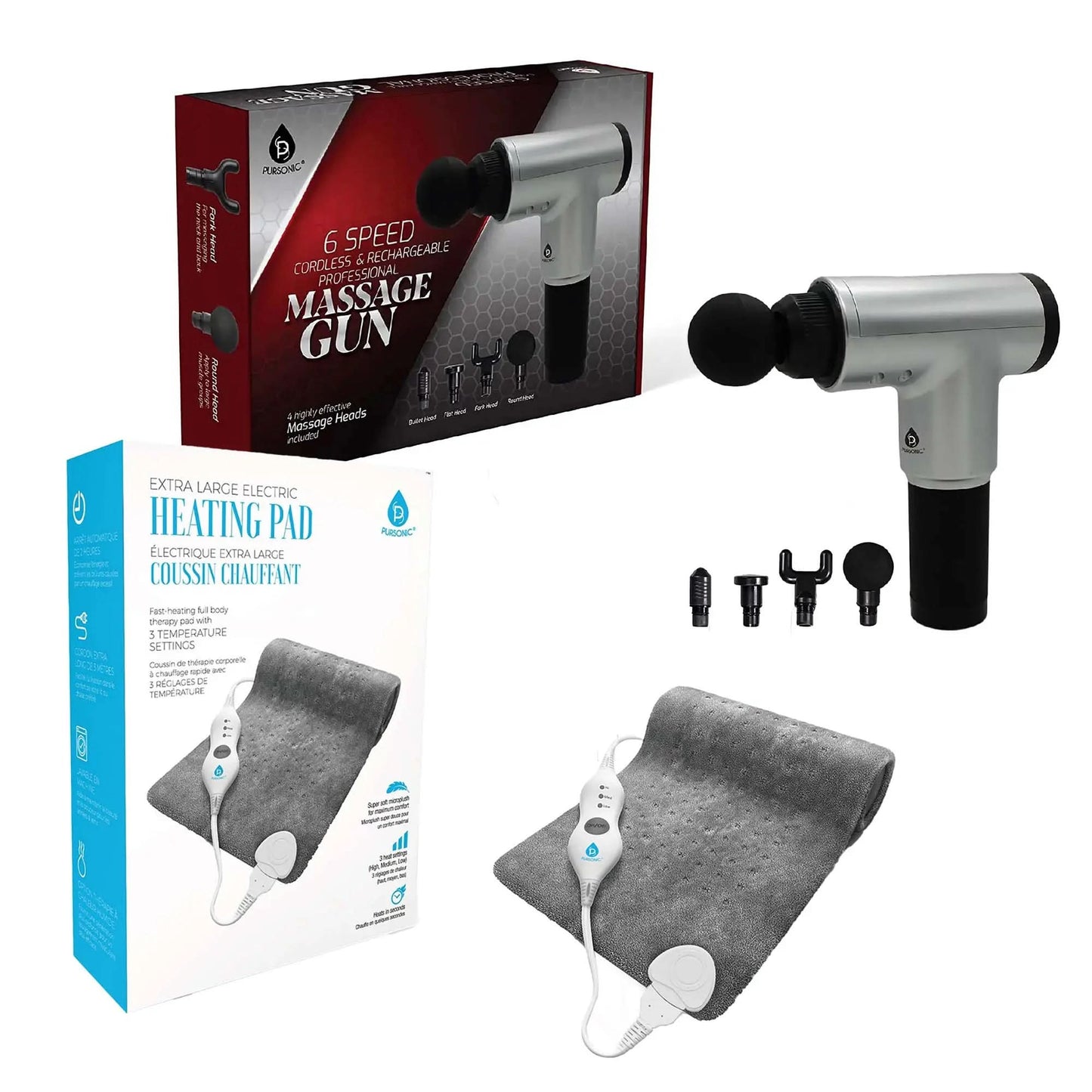 Ultimate Muscle Recovery & Pain Relief Bundle: 6 Speed Massage Gun & Electric Heating Pad DC-PURSONIC