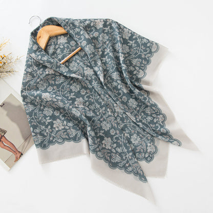 MH072 Square Floral Print Wavy Cut-off Voile Hijab