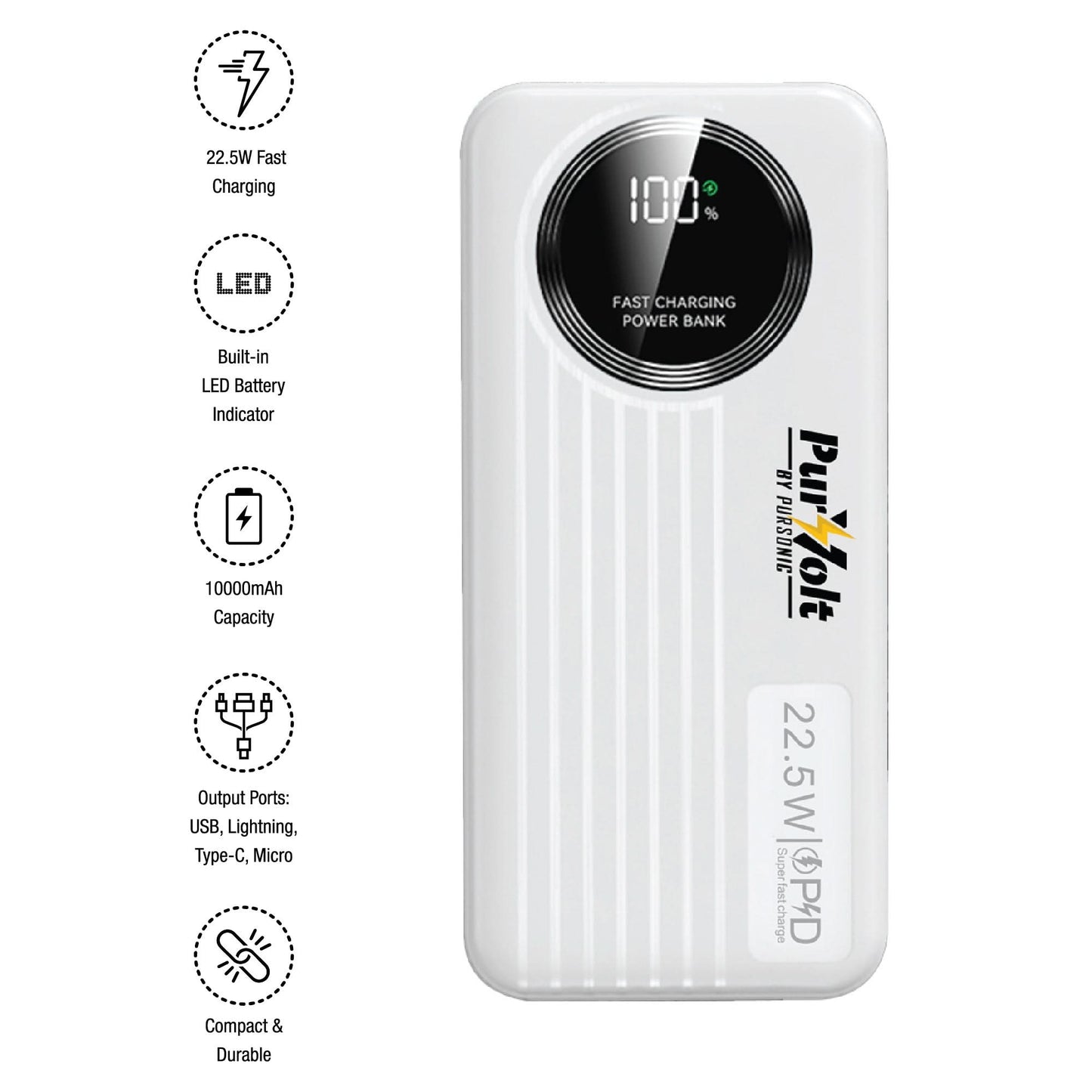 Pursonic 10,000mAh LED Fast Charging Power Bank – Built-in Cables, 22.5W Output, Type-C/USB/Lightning Compatibility - TrendDora