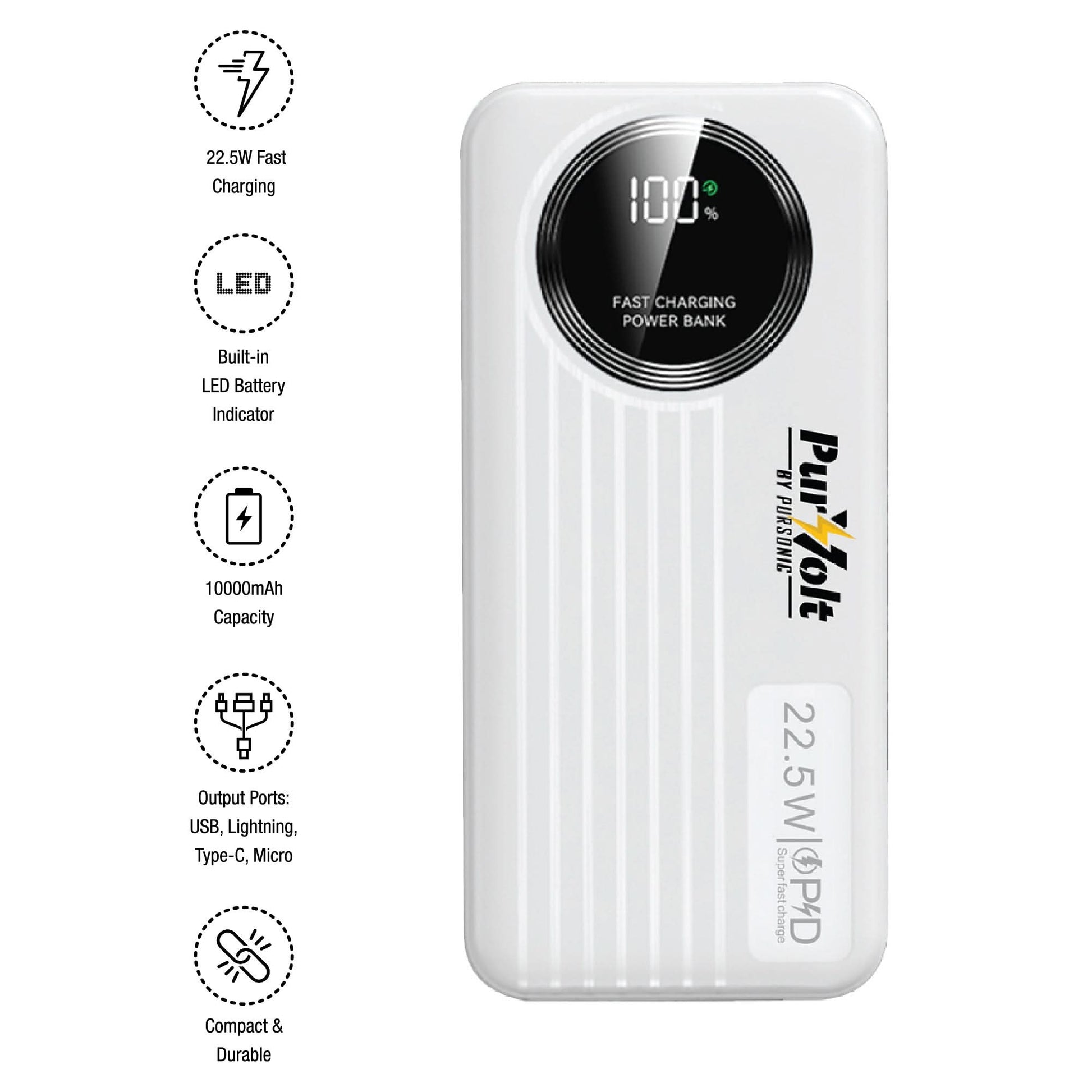 Pursonic 10,000mAh LED Fast Charging Power Bank – Built-in Cables, 22.5W Output, Type-C/USB/Lightning Compatibility - TrendDora