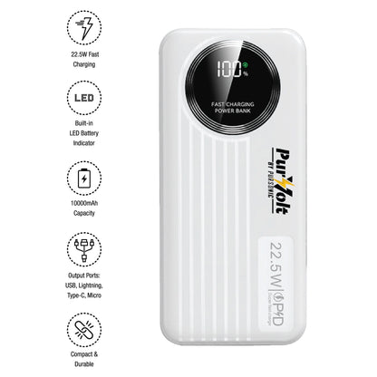 Pursonic 10,000mAh LED Fast Charging Power Bank – Built-in Cables, 22.5W Output, Type-C/USB/Lightning Compatibility - TrendDora
