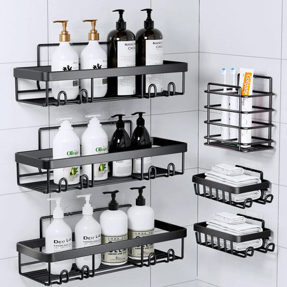 PHANCIR 5 PCS Corner Shower Caddy, No Drilling Stainless Steel Shower Storage Rack with Hooks & Toothpaste Holder for Bathroom, Black