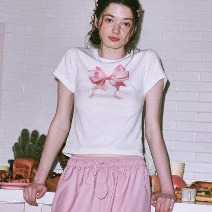[Celeb Pick!] Double Ribbon Slim Crop T-shirt